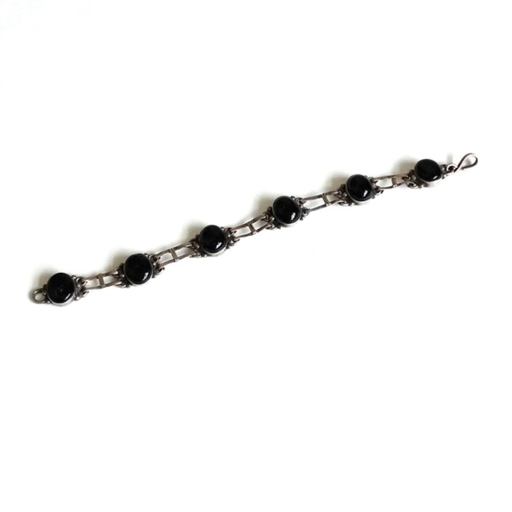 Vintage Antique 925 Sterling Silver Black Onyx Chain Bracelet from India 7”